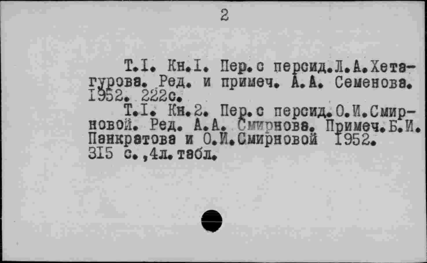 ﻿2
Т.Х. Кн.І. Пер. с персид.Л.А.Хета-гурова. Род. и примеч» A. à. Семенова. ІЭо2. 222с.
Т.Х» Кн.2. Пер. с персид.0.И.Смирновой. Ред. А.А. Смирнова. Примеч.Б.И. Панкратова и 0.И.Смирновой 1952. 315 с., *1л. табл.